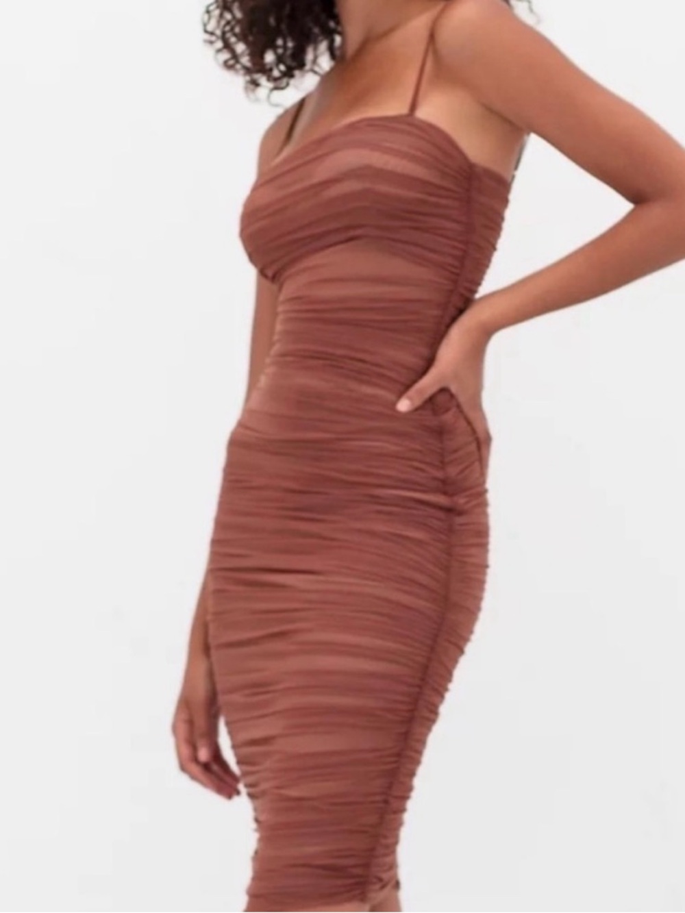 Aritzia Babaton Luxor Rust Brown Ruched Spaghetti-Strap Midi Dress
